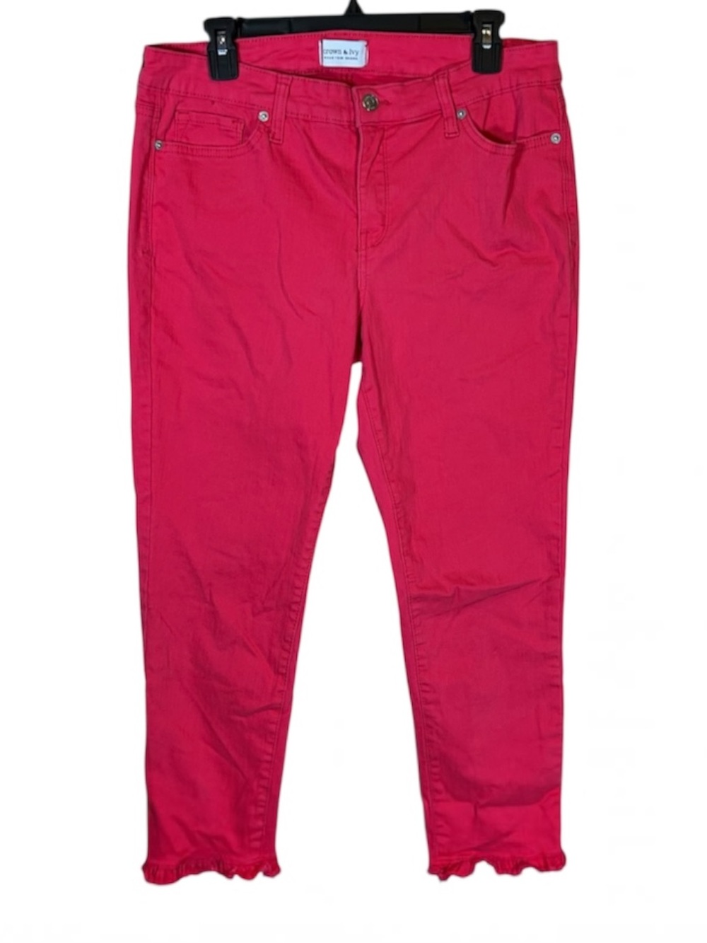 Crown & Ivy Women’s Pants Sz 12 Large Pink Ruffled Him High Rise Cropped #322